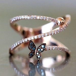 NEW Rose Gold Diamond Blue Butterfly Layer RIng